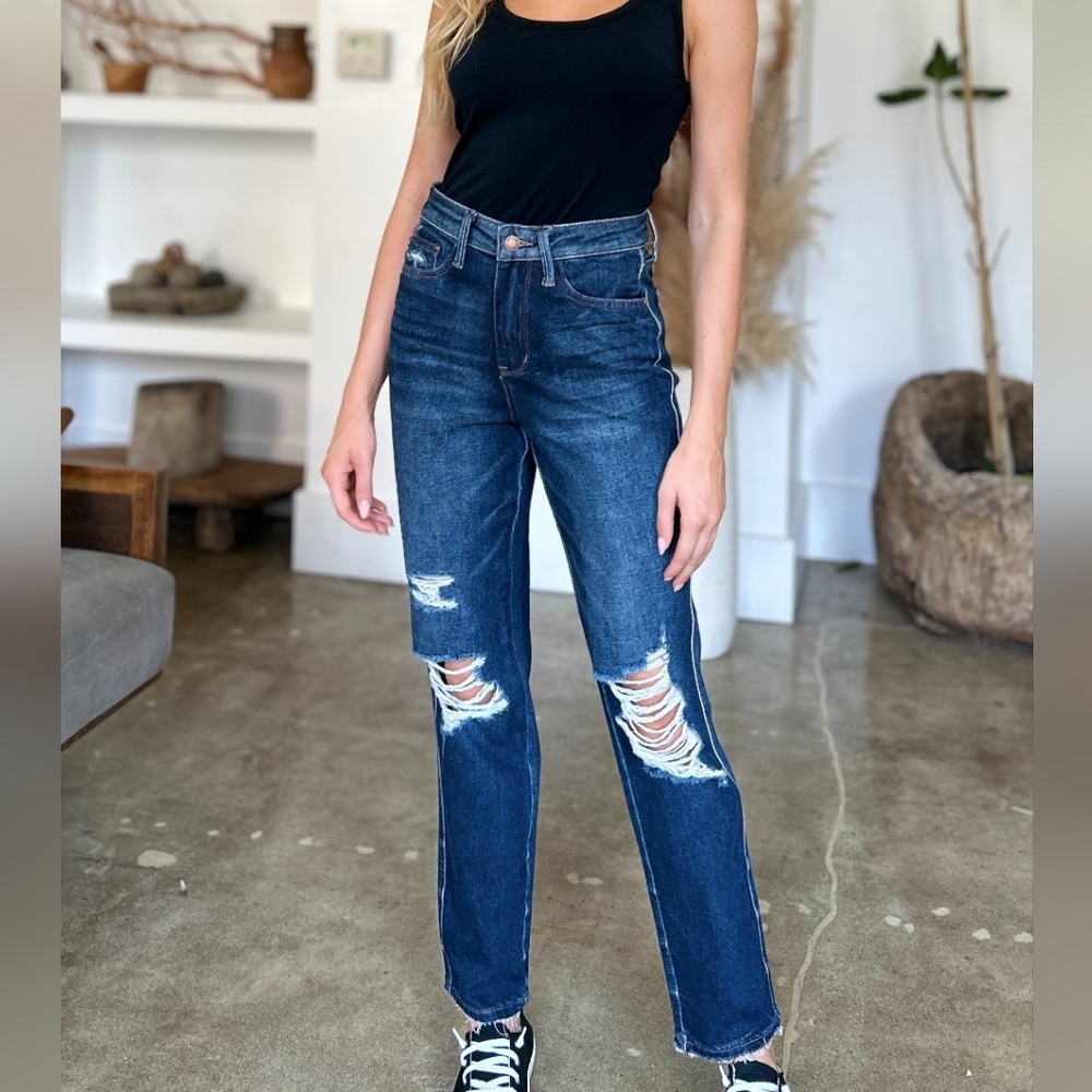 Women's High Waist Ripped Dark Blue Skinny Jeans